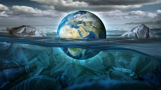 海洋中充满垃圾和污染的地球漂浮物图片