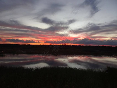 河中沼泽日落的倒影图片