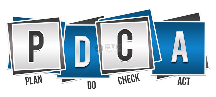 PDCA概念图像用文字和文字写在蓝图片