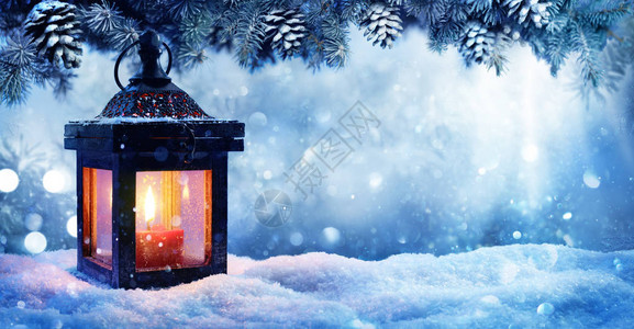 夜景中的雪地圣诞与冷杉枝背景图片