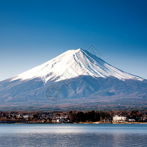从湖边眺望富士山图片