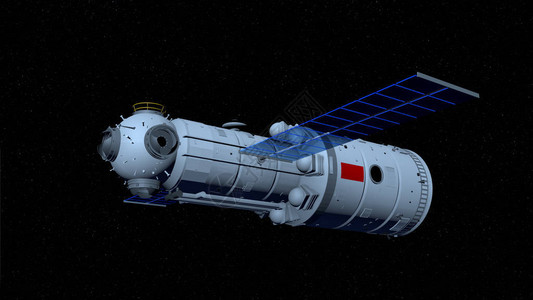 天宫三号天河核心舱的3D模型空间站在黑色空间上飞行图片