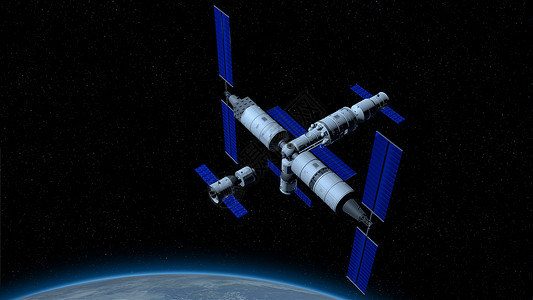 神舟载人航天器在与天宫三号的天河核心舱耦合的方向上空间站与下面的行星地球在黑色空间与恒星背景背景图片