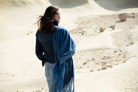 蓝布的朗特女人站在荒凉的风背景图片