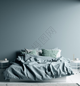 深冷蓝卧室内床上有床单墙壁模图片
