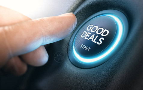 手指按下带有文本好交易的汽车启动按钮汽车优惠和折扣的概念摄影和3D背景之间的合背景图片