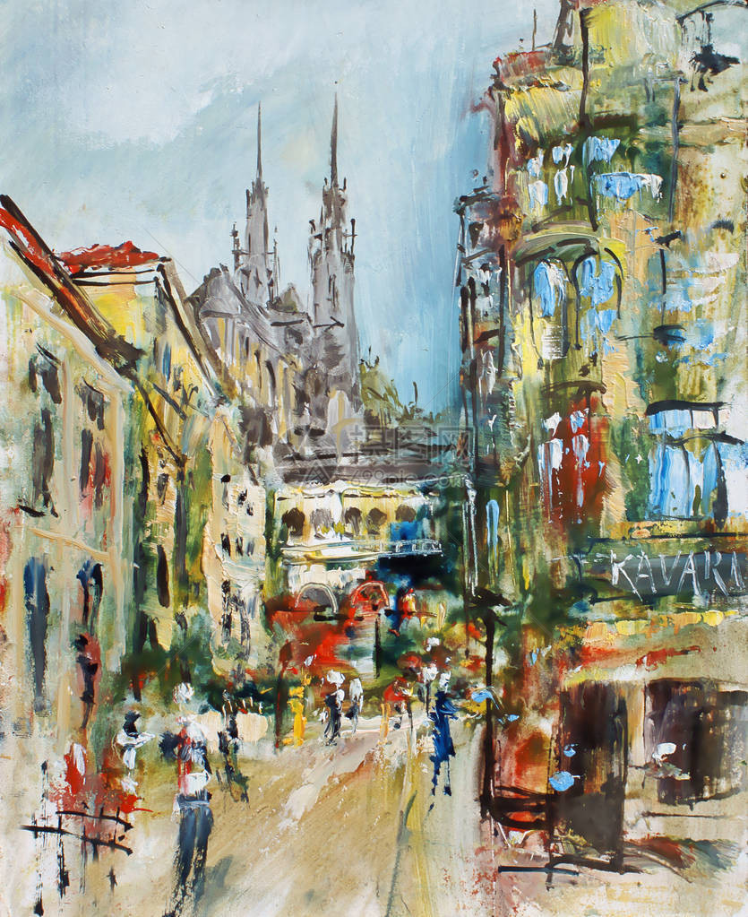 背景中的街道和大教堂油画图片