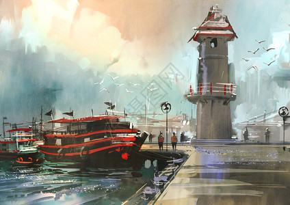 港口渔船数码绘画插图图片
