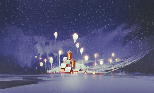 冬季风景夜间有村庄和幻想图片