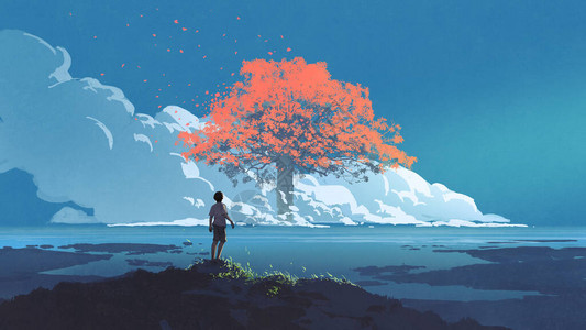 看着地平线上巨大的秋树数字艺术风格插图画背景图片