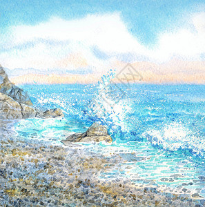 水彩海景在岩石海岸的图片