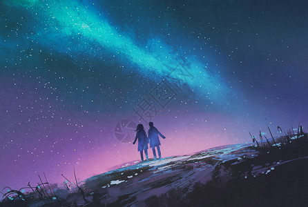 年轻夫妇牵站在银河系插图画背景图片