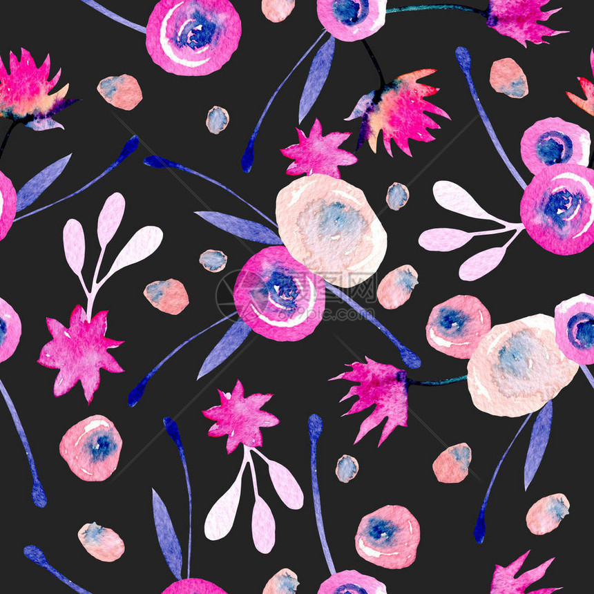 无缝模式与水彩色抽象粉红蓝色花和植物图片