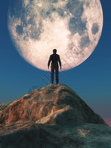 站在岩石顶上的人仰望着月亮这是图片