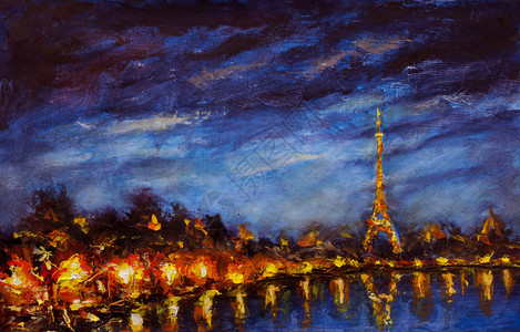 原创油画埃菲尔铁塔的黄灯在蓝色的夜晚映照在塞纳河上梦秋天图片