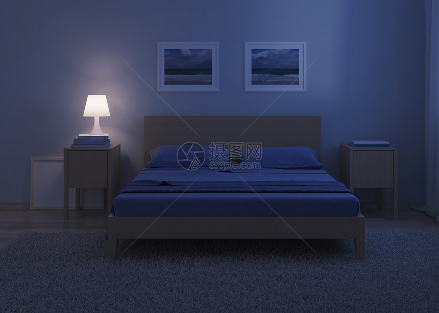 冷色调的卧室内部夜间照明图片