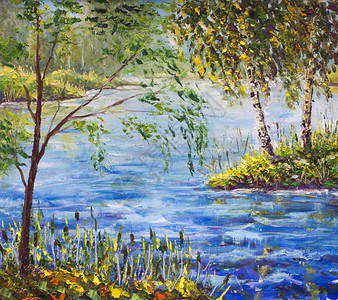 画布上的水景色美丽的蓝水景色现代印象主义的艺术图片