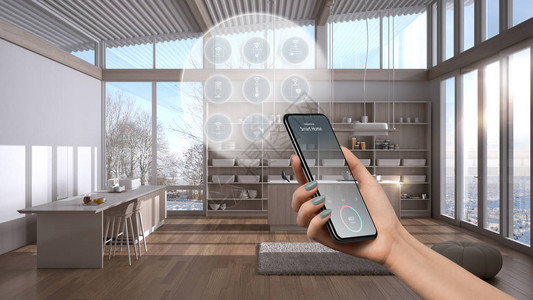 手机应用程序上的智能家居技术接口增强现实物联网现代厨房的室内设计与连接的对象女背景图片