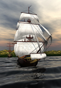 3d渲染的帆船奇幻场景图片