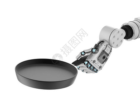 3d将机械手握着煎锅的机器人手图片