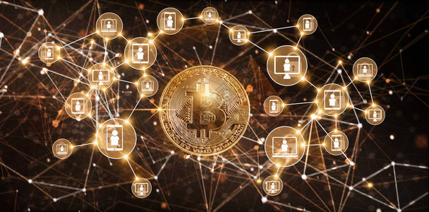区块链技术和比特币加密货币网络概念数字背景下的金比特币货和图标区图片