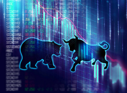 金融股市图上牛熊的剪影形式代表股市风险或图片