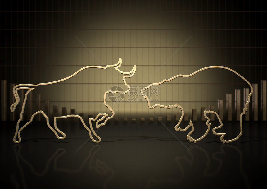 抽象地关闭了两条图示描述石形公牛和代表金融市场趋势的一头熊的图片