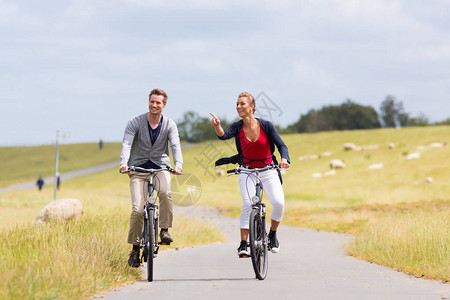 夫妇骑自行车旅行乘坐自行车在单与绵羊图片