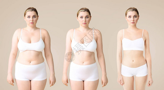在肤色背景上瘦化前后的年轻女体重减图片