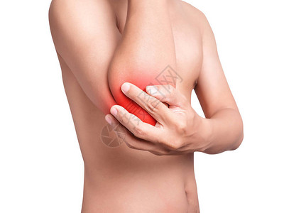 男人患有肘部疼痛关节痛红色突出显示在白色背景上孤立的肘部红色医疗保图片