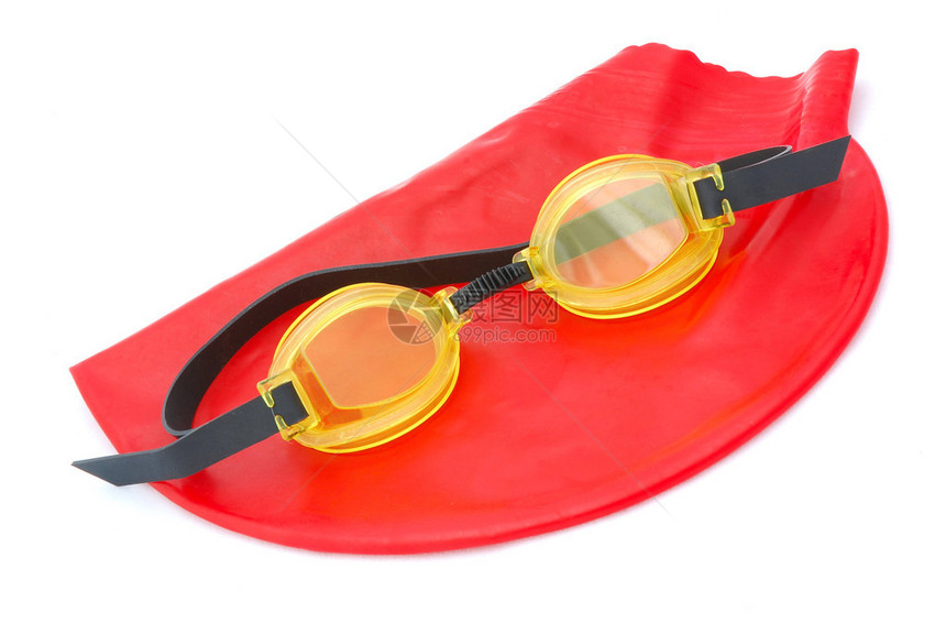 红色橡皮游泳帽和黄色护目镜图片