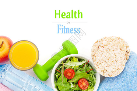 哑铃卷尺健康食品和毛巾健身和健康在白图片
