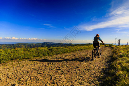 山地自行车妇女在夏季山区森林景观中骑自行车骑自行车MTB流径的女人图片