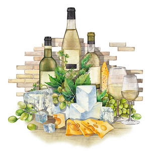 白葡萄酒瓶子白葡萄和奶酪的水彩杯图片
