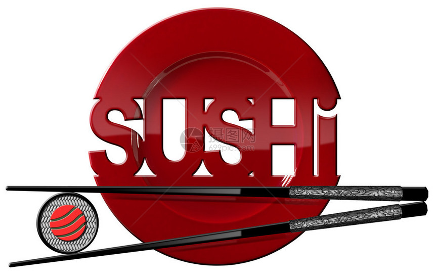 寿司符号与红盘寿司卷黑色和银色筷子和文字寿司在白图片