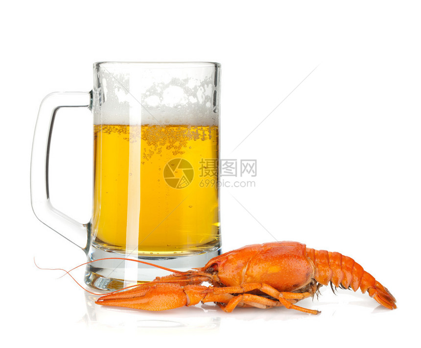 啤酒杯和煮小龙虾在白色背景上孤立图片