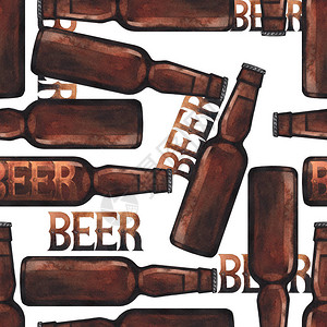 水彩瓶啤酒手绘水彩无缝图案图片