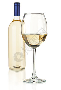 白葡萄酒瓶和玻璃在白色图片