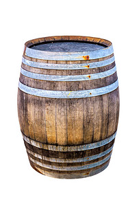 酒的老木桶与钢圈在白色背景图片