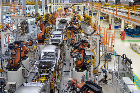 汽车装配的现代技术汽车工业的工厂车间生产和装配机器顶视图汽车图片