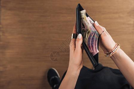 妇女持有钱包和木本底格里夫尼亚钞图片