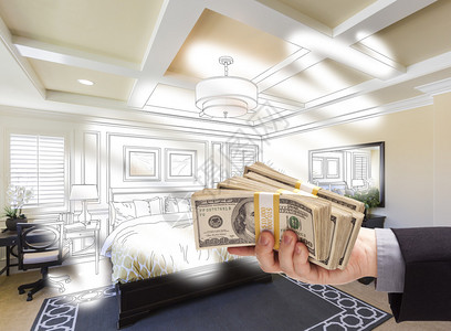 主卧室男人把钱堆积在卧室的画像合影上插画