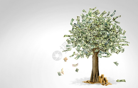 灰色中由百元钞票制成的金钱树背景图片