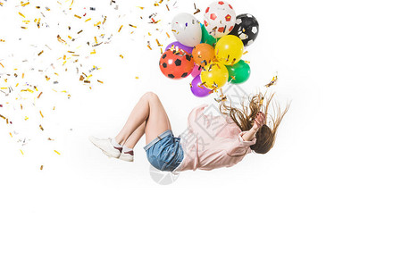 五颜六色的气球和闪亮的五彩纸屑落在白色上的女孩图片