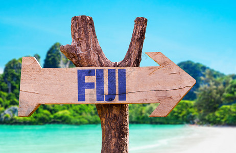 斐济木牌与海滩背景图片