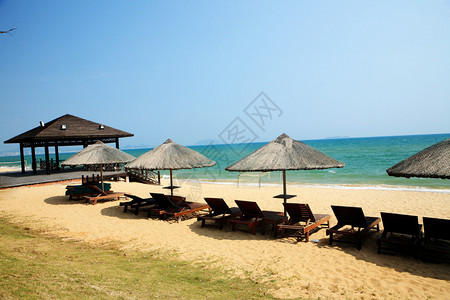 三亚海滩上的遮阳伞和椅子图片