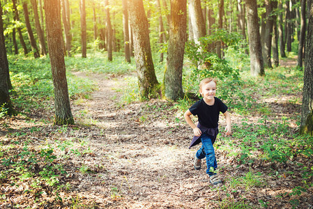 快乐的小男孩在美丽的夏日的森林漫图片