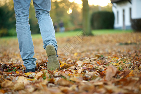穿着靴子在棕色的秋叶上走开图片