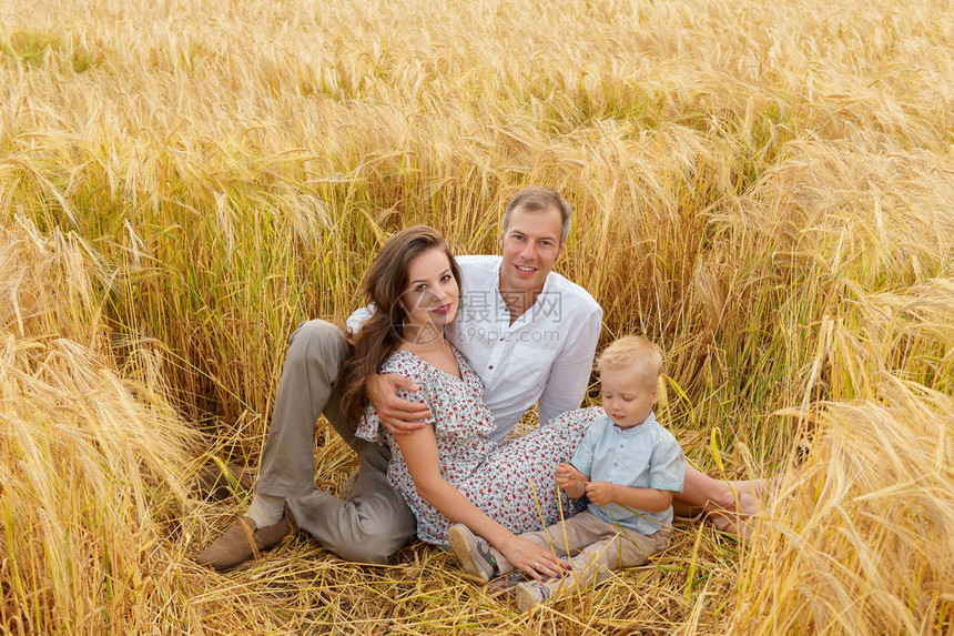 一家人坐在麦田的草地上母亲父亲和小儿子一起在户外休闲夏天草甸图片