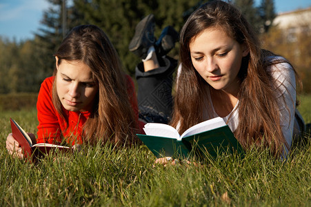 在草坪上看书的女学生图片